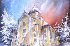 Polarlicht über der Holzkirche von Kerimäki / Finnland